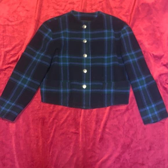 Vintage 90s Byblos Navy/Forest Green Tartan Plaid Button Front Wool Jacket Sz 6 - Picture 1 of 8